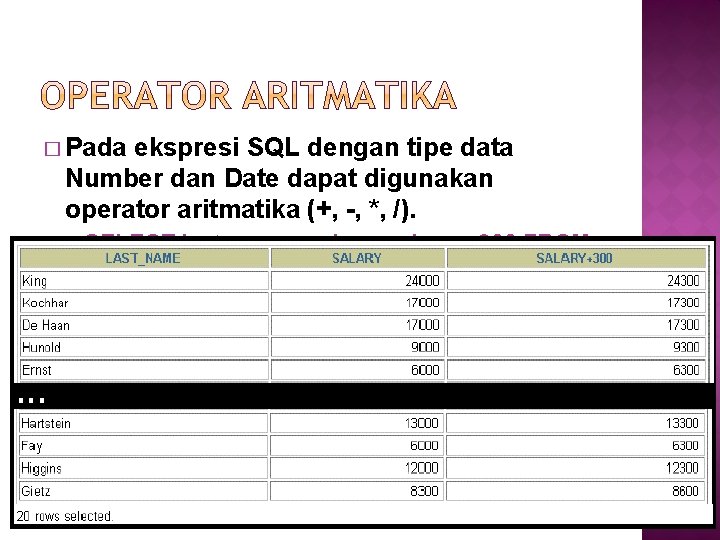 � Pada ekspresi SQL dengan tipe data Number dan Date dapat digunakan operator aritmatika