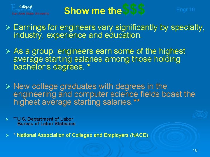 Engineering College of San Jose State University Show me the$$$ Engr. 10 Ø Earnings Engineering College of San Jose State University Show me the$$$ Engr. 10 Ø Earnings