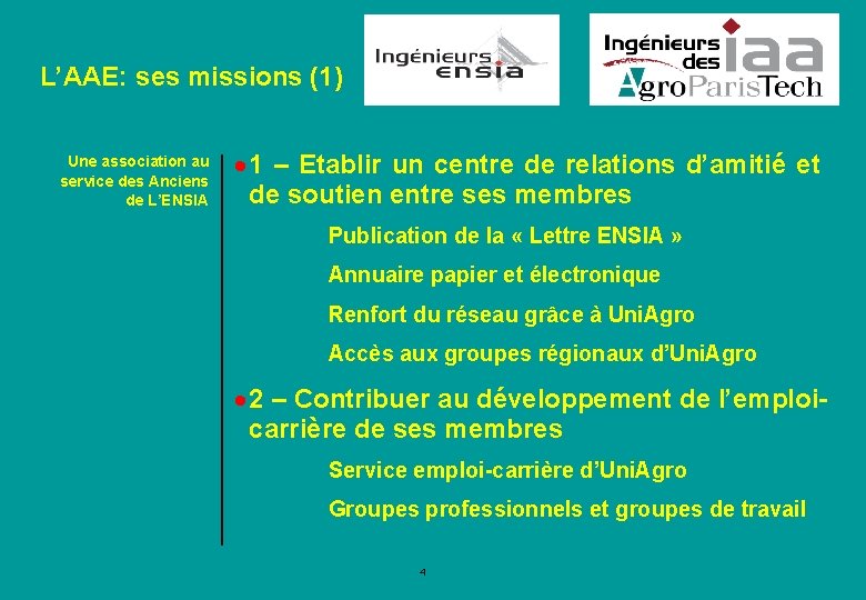 L’AAE: ses missions (1) Une association au service des Anciens de L’ENSIA · 1