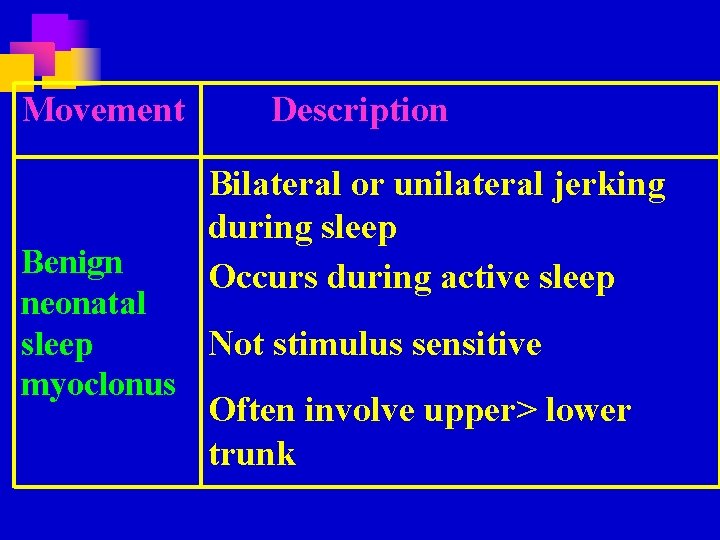 Movement Description Bilateral or unilateral jerking during sleep Occurs during active sleep Benign neonatal