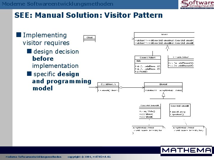 Moderne Softwareentwicklungsmethoden SEE: Manual Solution: Visitor Pattern <Implementing visitor requires <design decision before implementation Moderne Softwareentwicklungsmethoden SEE: Manual Solution: Visitor Pattern <Implementing visitor requires <design decision before implementation