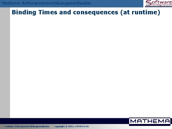 Moderne Softwareentwicklungsmethoden Binding Times and consequences (at runtime) Moderne Softwareentwicklungsmethoden copyright © 2001, MATHEMA Moderne Softwareentwicklungsmethoden Binding Times and consequences (at runtime) Moderne Softwareentwicklungsmethoden copyright © 2001, MATHEMA