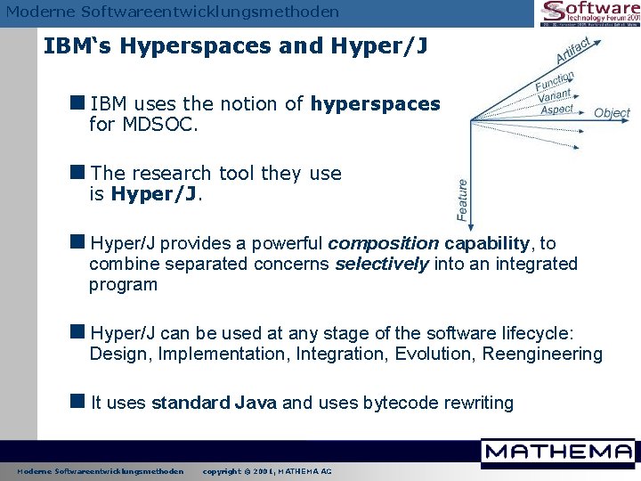 Moderne Softwareentwicklungsmethoden IBM‘s Hyperspaces and Hyper/J <IBM uses the notion of hyperspaces for MDSOC. Moderne Softwareentwicklungsmethoden IBM‘s Hyperspaces and Hyper/J <IBM uses the notion of hyperspaces for MDSOC.