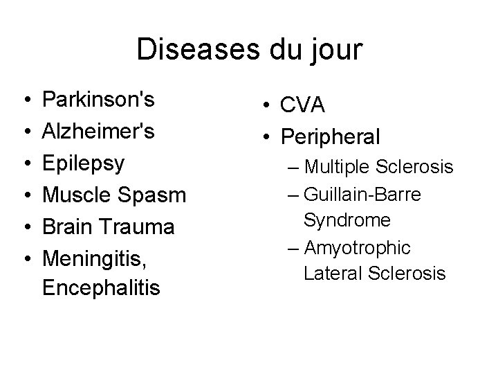 Diseases du jour • • • Parkinson's Alzheimer's Epilepsy Muscle Spasm Brain Trauma Meningitis,