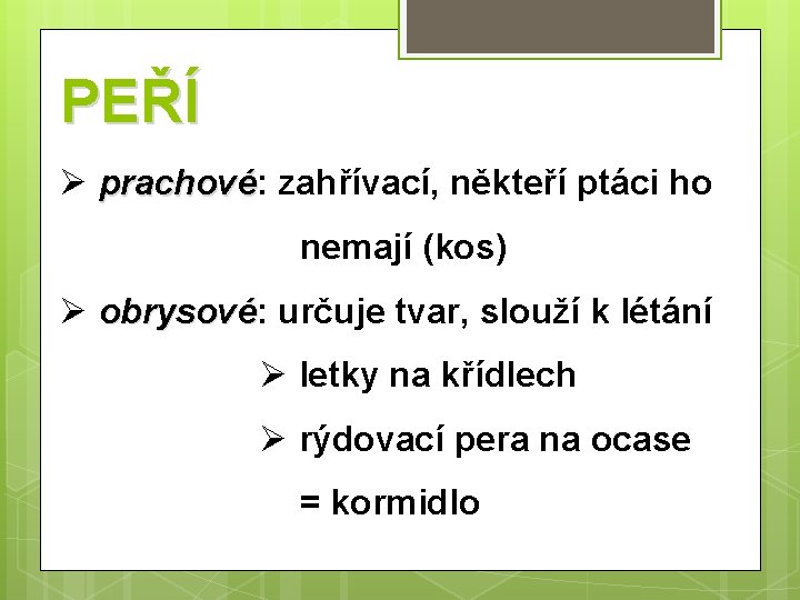 PEŘÍ Ø prachové: prachové zahřívací, někteří ptáci ho nemají (kos) Ø obrysové: obrysové určuje