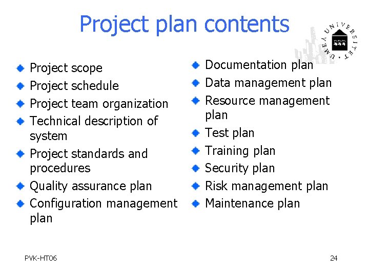 Project plan contents Project scope Project schedule Project team organization Technical description of system