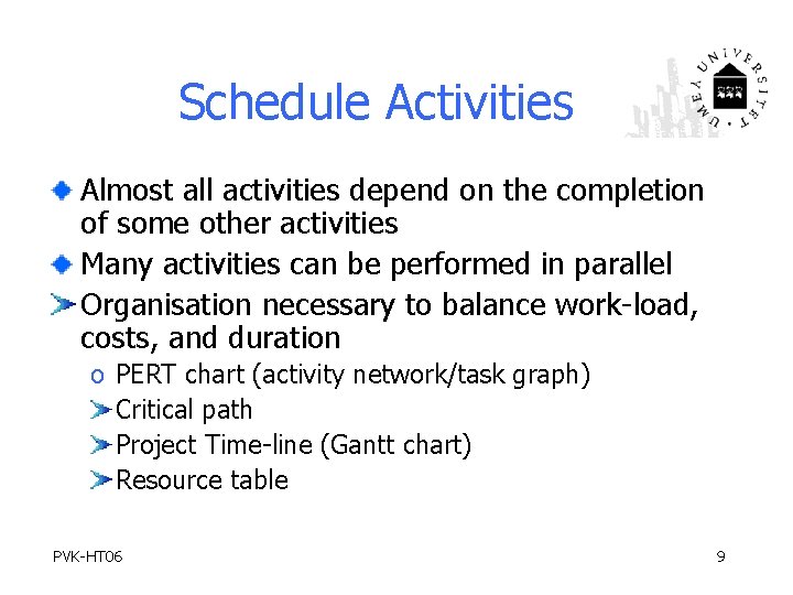 Schedule Activities Almost all activities depend on the completion of some other activities Many