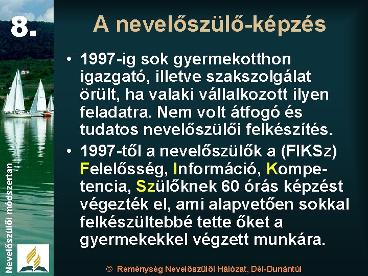 Nevelőszülői módszertan 8. A nevelőszülő-képzés • 1997 -ig sok gyermekotthon igazgató, illetve szakszolgálat örült,