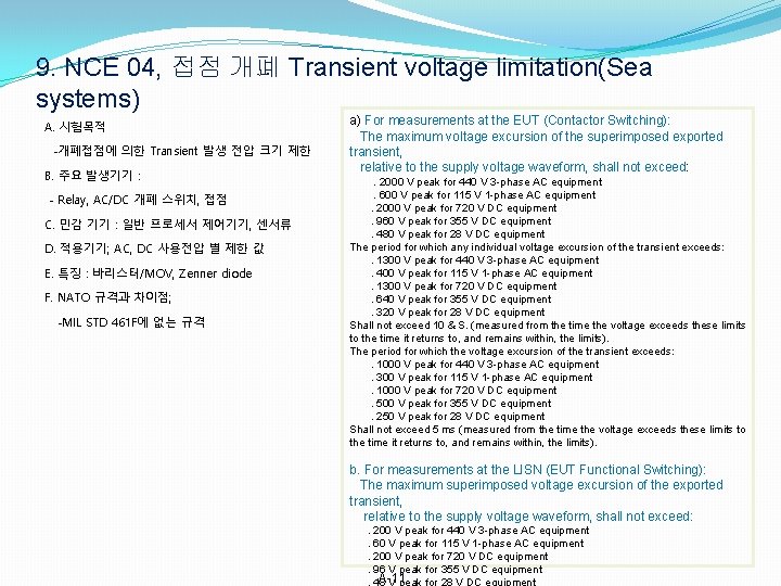 9. NCE 04, 접점 개폐 Transient voltage limitation(Sea systems) A. 시험목적 -개폐접점에 의한 Transient