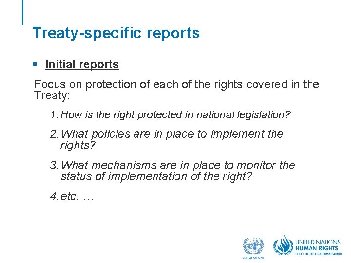 Treaty-specific reports § Initial reports Focus on protection of each of the rights covered