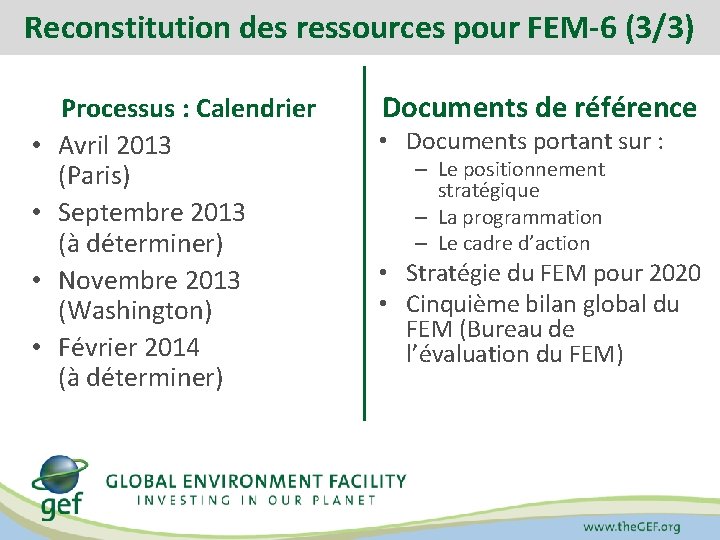 Reconstitution des ressources pour FEM-6 (3/3) • • Processus : Calendrier Avril 2013 (Paris)