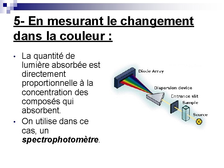 5 - En mesurant le changement dans la couleur : • • La quantité