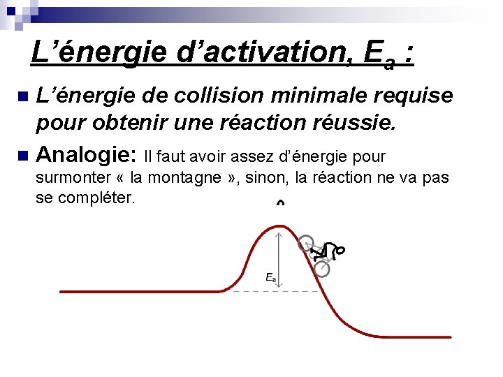 L’énergie d’activation, Ea : L’énergie de collision minimale requise pour obtenir une réaction réussie.