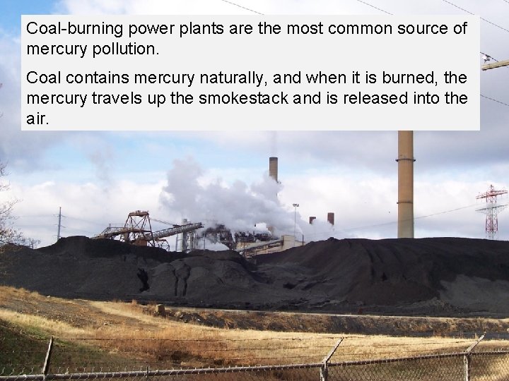 Coal-burning power plants are the most common source of mercury pollution. Coal contains mercury