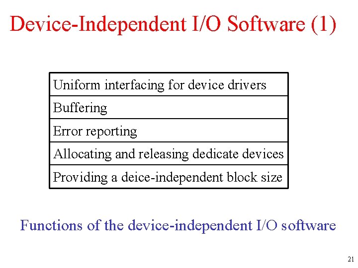 Device-Independent I/O Software (1) Uniform interfacing for device drivers Buffering Error reporting Allocating and