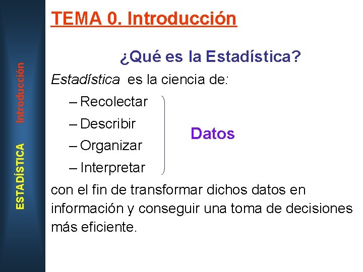 ESTADÍSTICA Introducción TEMA 0. Introducción ¿Qué es la Estadística? Estadística es la ciencia de: