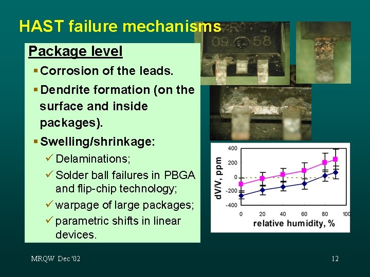 HAST failure mechanisms Package level § Corrosion of the leads. § Dendrite formation (on