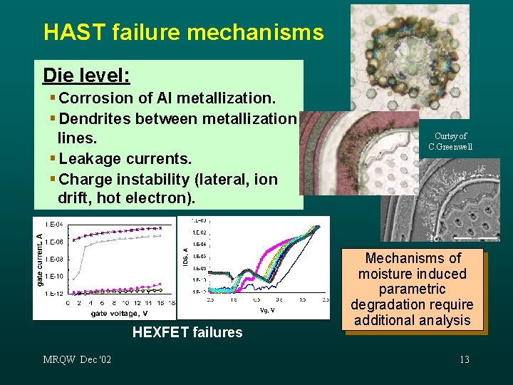 HAST failure mechanisms Die level: § Corrosion of Al metallization. § Dendrites between metallization