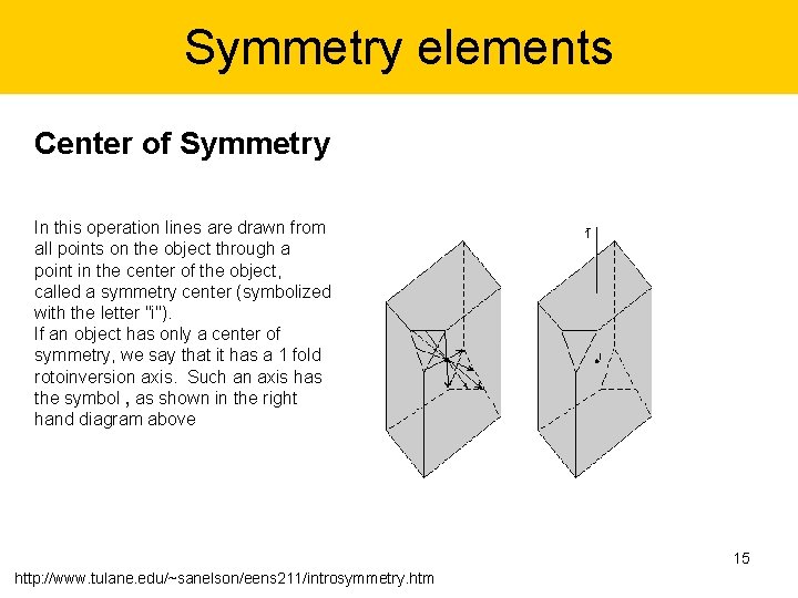 Symmetry elements Center of Symmetry In this operation lines are drawn from all points