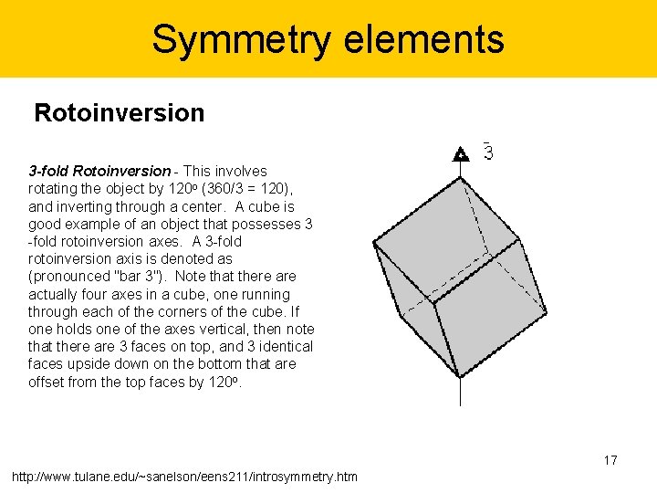 Symmetry elements Rotoinversion 3 -fold Rotoinversion - This involves rotating the object by 120