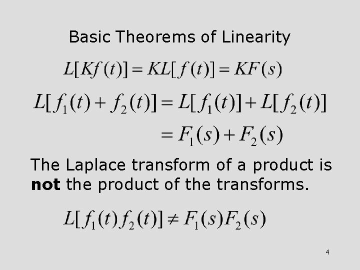 Basic Theorems of Linearity The Laplace transform of a product is not the product