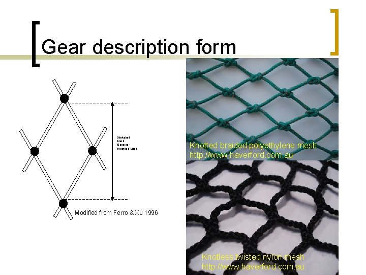 Gear description form Stretched Mesh Opening Diamond Mesh Knotted braided polyethylene mesh http: //www.