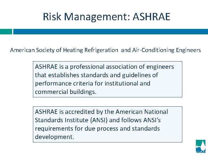 Risk Management: ASHRAE American Society of Heating Refrigeration and Air-Conditioning Engineers ASHRAE is a