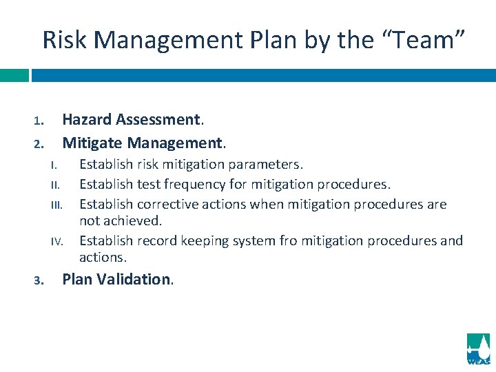 Risk Management Plan by the “Team” Hazard Assessment. Mitigate Management. 1. 2. I. II.