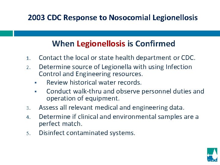 2003 CDC Response to Nosocomial Legionellosis When Legionellosis is Confirmed 1. 2. 3. 4.