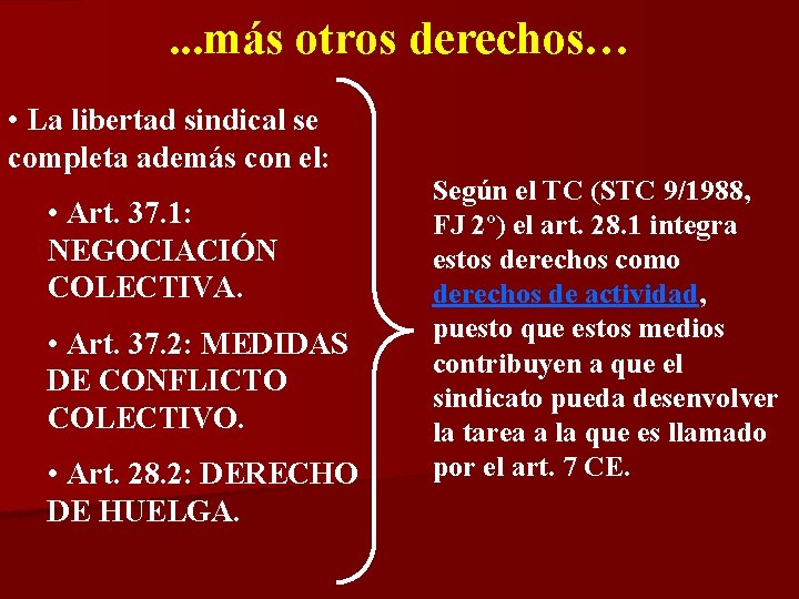 . . . más otros derechos… • La libertad sindical se completa además con