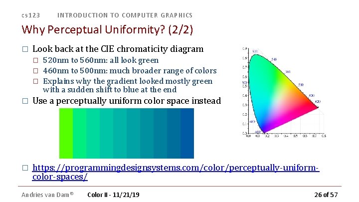 cs 123 INTRODUCTION TO COMPUTER GRAPHICS Why Perceptual Uniformity? (2/2) � Look back at cs 123 INTRODUCTION TO COMPUTER GRAPHICS Why Perceptual Uniformity? (2/2) � Look back at