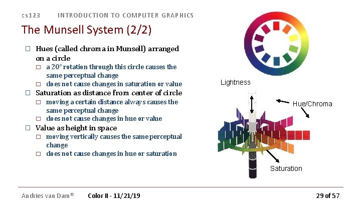 cs 123 INTRODUCTION TO COMPUTER GRAPHICS The Munsell System (2/2) � Hues (called chroma cs 123 INTRODUCTION TO COMPUTER GRAPHICS The Munsell System (2/2) � Hues (called chroma