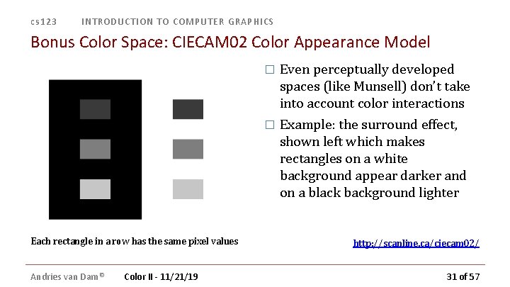 cs 123 INTRODUCTION TO COMPUTER GRAPHICS Bonus Color Space: CIECAM 02 Color Appearance Model cs 123 INTRODUCTION TO COMPUTER GRAPHICS Bonus Color Space: CIECAM 02 Color Appearance Model