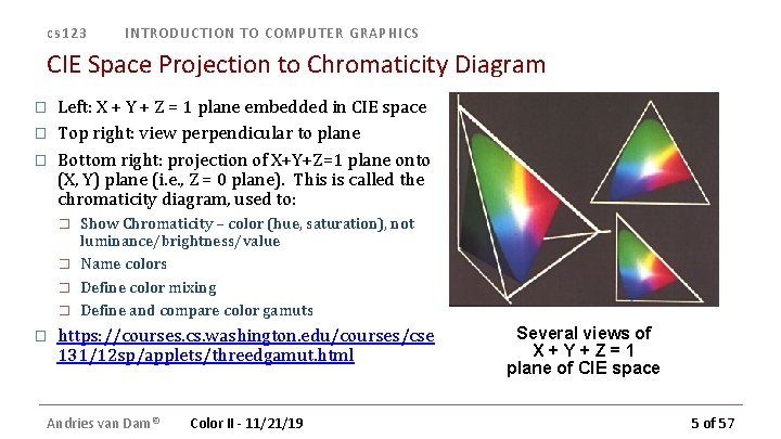cs 123 INTRODUCTION TO COMPUTER GRAPHICS CIE Space Projection to Chromaticity Diagram � � cs 123 INTRODUCTION TO COMPUTER GRAPHICS CIE Space Projection to Chromaticity Diagram � �