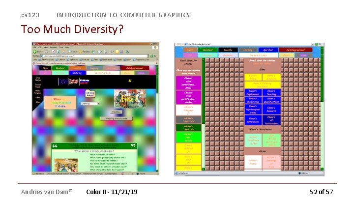 cs 123 INTRODUCTION TO COMPUTER GRAPHICS Too Much Diversity? Andries van Dam© Color II cs 123 INTRODUCTION TO COMPUTER GRAPHICS Too Much Diversity? Andries van Dam© Color II