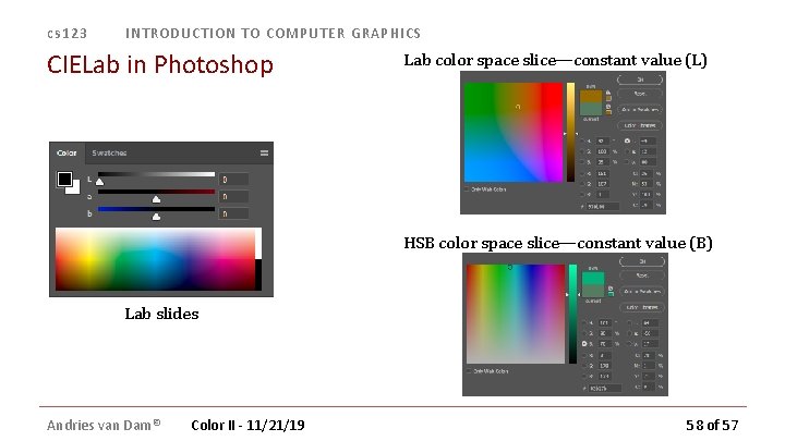 cs 123 INTRODUCTION TO COMPUTER GRAPHICS CIELab in Photoshop Lab color space slice—constant value cs 123 INTRODUCTION TO COMPUTER GRAPHICS CIELab in Photoshop Lab color space slice—constant value