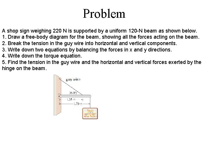 Problem A shop sign weighing 220 N is supported by a uniform 120 -N