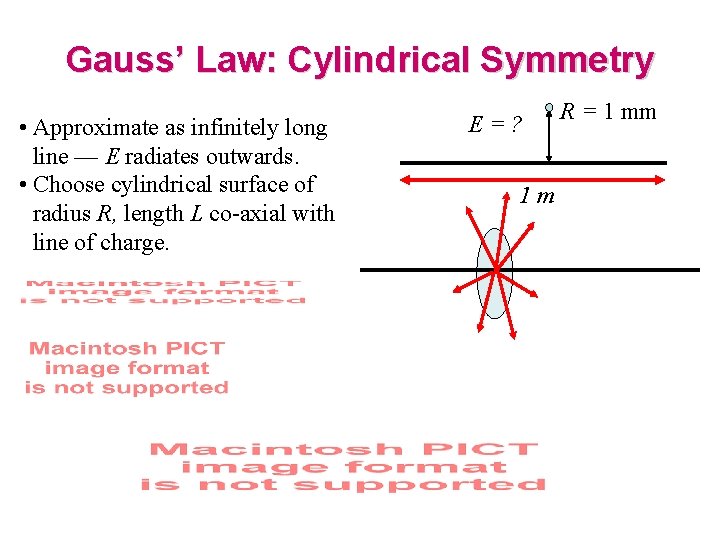 Gauss’ Law: Cylindrical Symmetry • Approximate as infinitely long line — E radiates outwards.