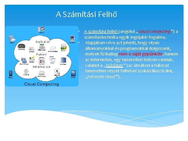 A Számítási Felhő • A számítási felhő (angolul „cloud computing”) a számítástechnika egyik legújabb