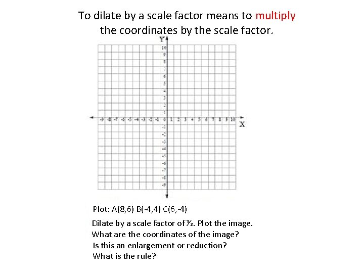 To dilate by a scale factor means to multiply the coordinates by the scale