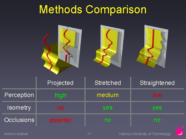 Methods Comparison Projected Stretched Straightened Perception high medium low Isometry no yes Occlusions possibly