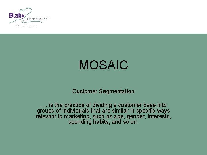 MOSAIC Customer Segmentation …. is the practice of dividing a customer base into groups