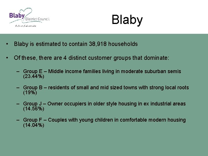 Blaby • Blaby is estimated to contain 38, 918 households • Of these, there