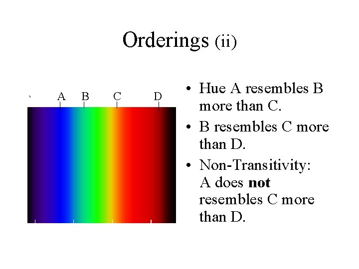 Orderings (ii) A B C D • Hue A resembles B more than C. Orderings (ii) A B C D • Hue A resembles B more than C.