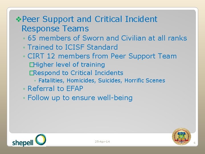 v. Peer Support and Critical Incident Response Teams ◦ 65 members of Sworn and