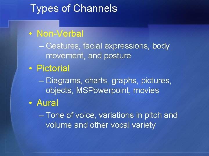 Types of Channels • Non-Verbal – Gestures, facial expressions, body movement, and posture •