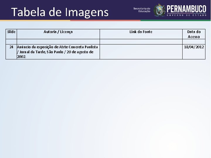 Tabela de Imagens Slide Autoria / Licença 24 Anúncio da exposição de Atrte Concreta