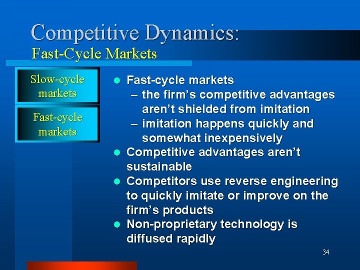 Competitive Dynamics: Fast-Cycle Markets Slow-cycle markets Fast-cycle markets – the firm’s competitive advantages aren’t