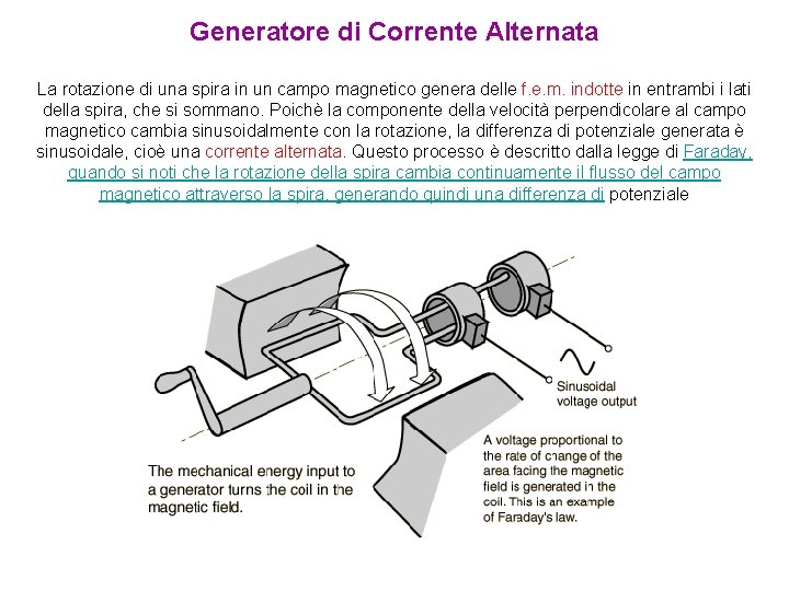 Generatore di Corrente Alternata La rotazione di una spira in un campo magnetico genera