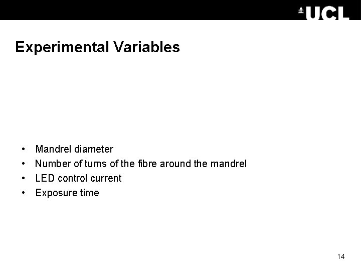 Experimental Variables • • Mandrel diameter Number of turns of the fibre around the